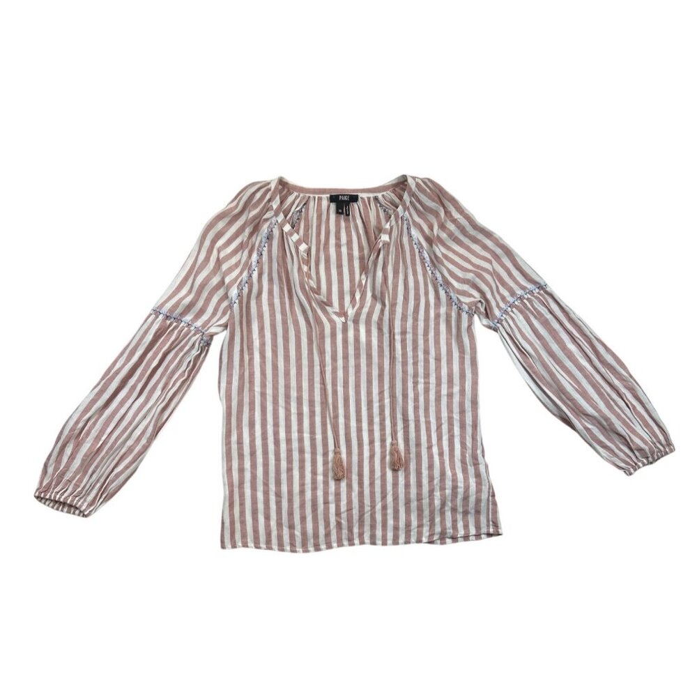 Paige‎ Blouse Women's XS Muted Clay-Cove Stripe Long Sleeve Tassels Accent